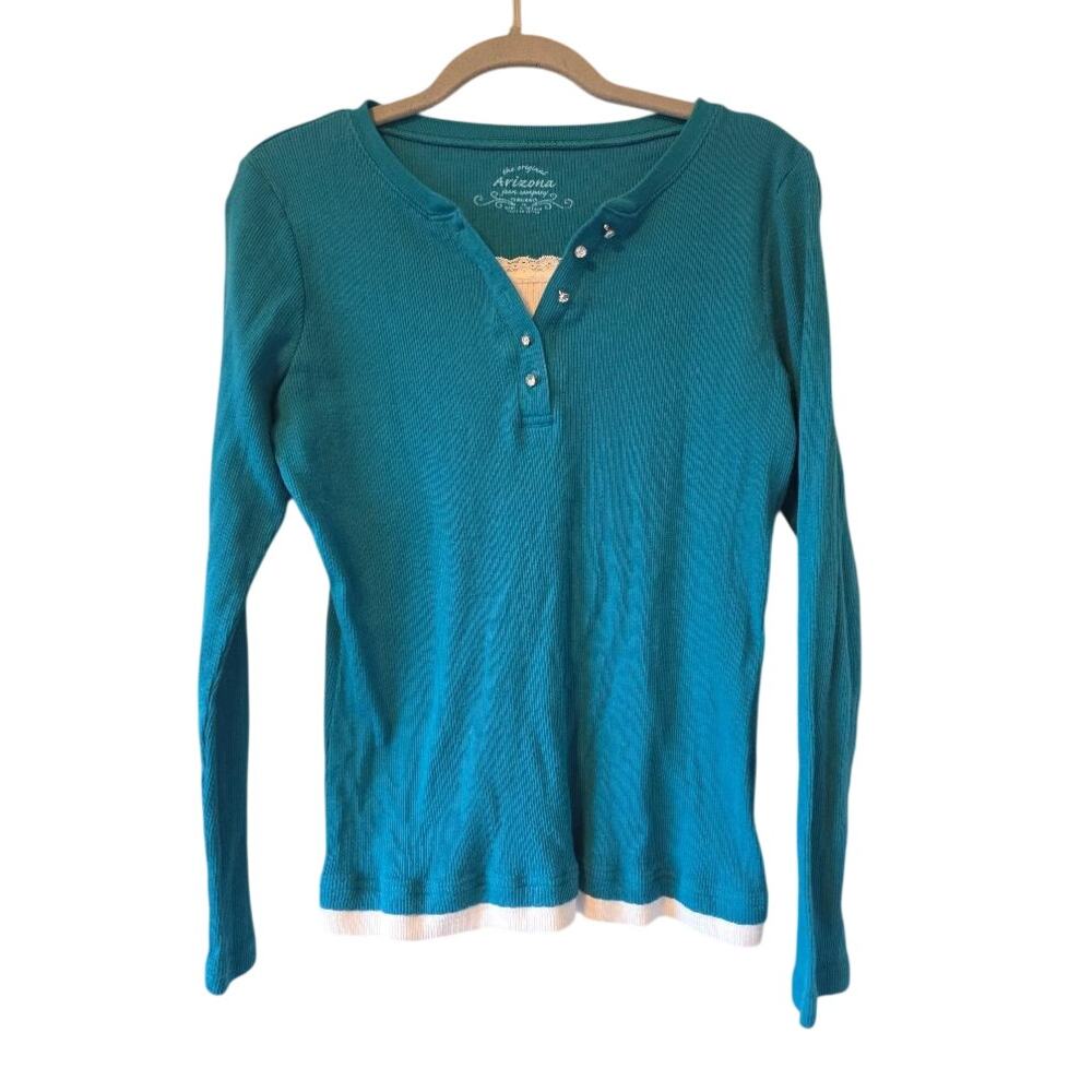 Arizona Jean Company Teal Ribbed Henley Top XL Y2K Lace Cami Rhinestone Buttons